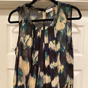 DKNY Silk Printed Top with Black Leather Trim